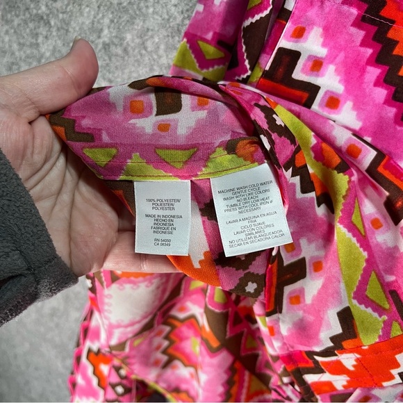 Geometric Pink Green Brown Long Sleeve Collar Shirt Button Front Medium - Picture 5 of 7